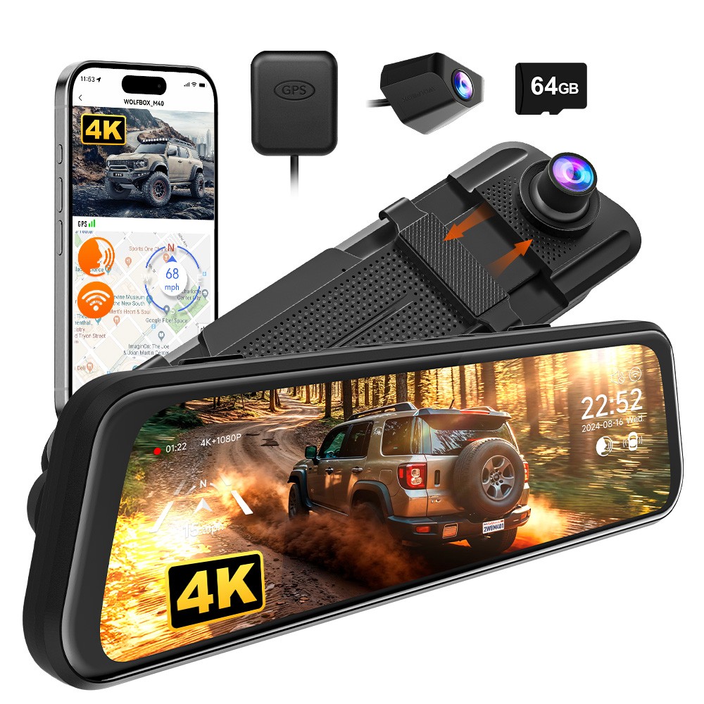 WOLFBOX M40/M40Lite 10″ Dash Camera 4K Front and Rear Dash Cam Built-In GPS NEW