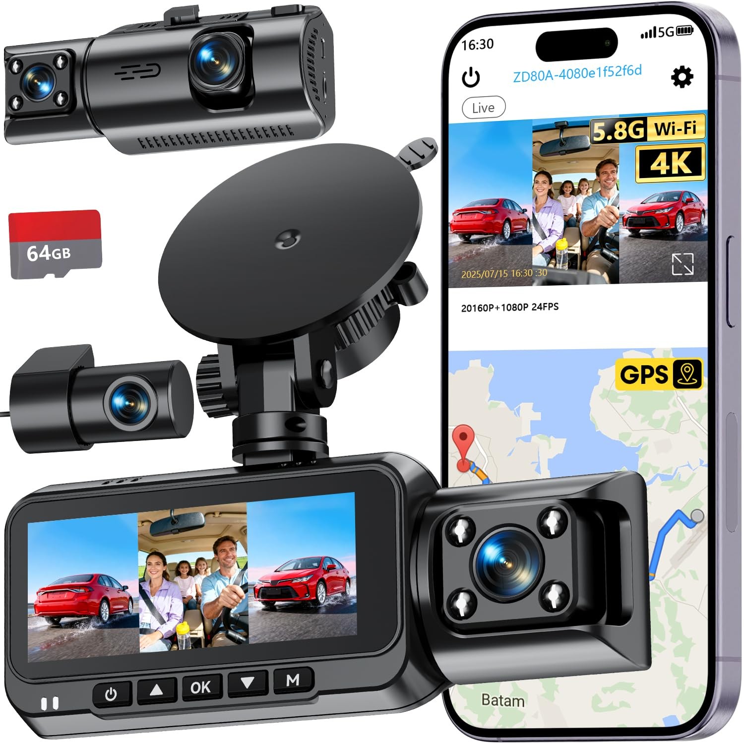 3-Channel Dash Cam 4K for Car: Front, Rear & Inside Dash Camera with 5.8G WiF…