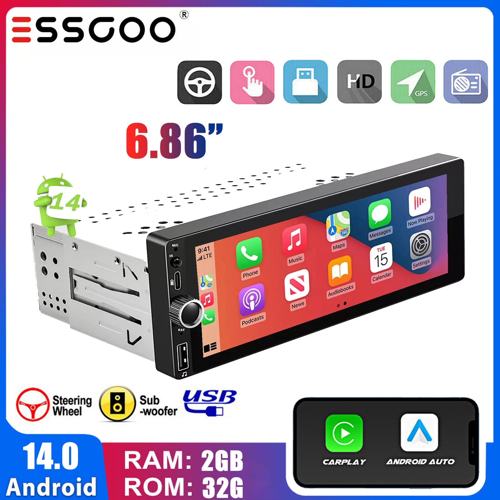 Android 14 6.9″Single Din Car Stereo Wireless Apple CarPlay Bluetooth Radio GPS