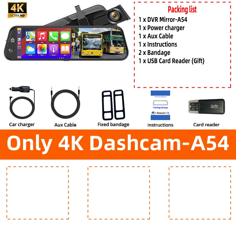 E-ACE 4K Mirror Dash Cam CarPlay Android Auto Touch Screen Night Vision GPS