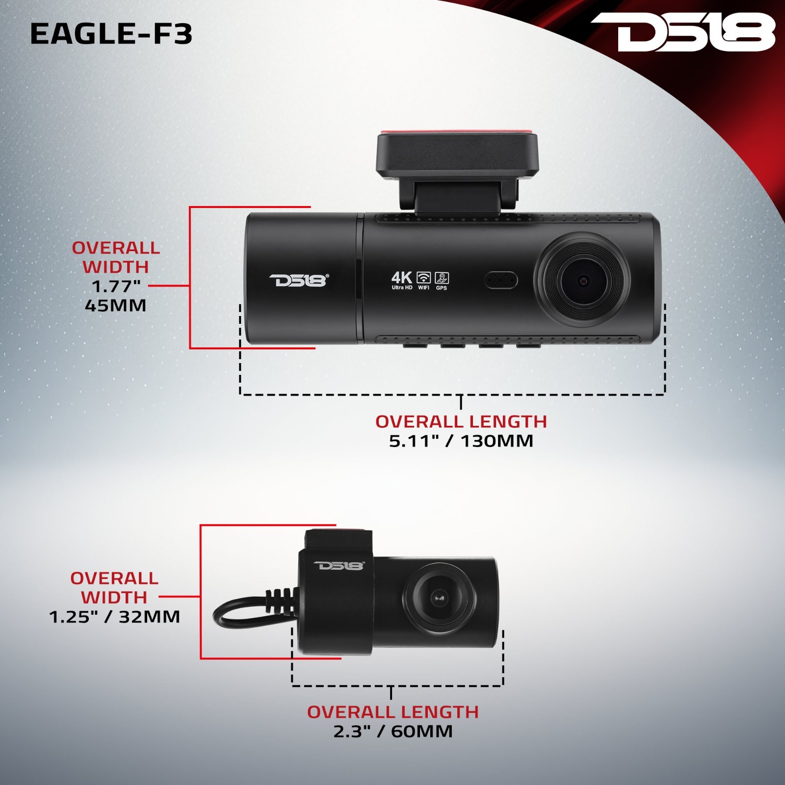 DS18 EAGLE-F3 4K Triple Dash Camera with Front, In-Cabin and Rear Cameras