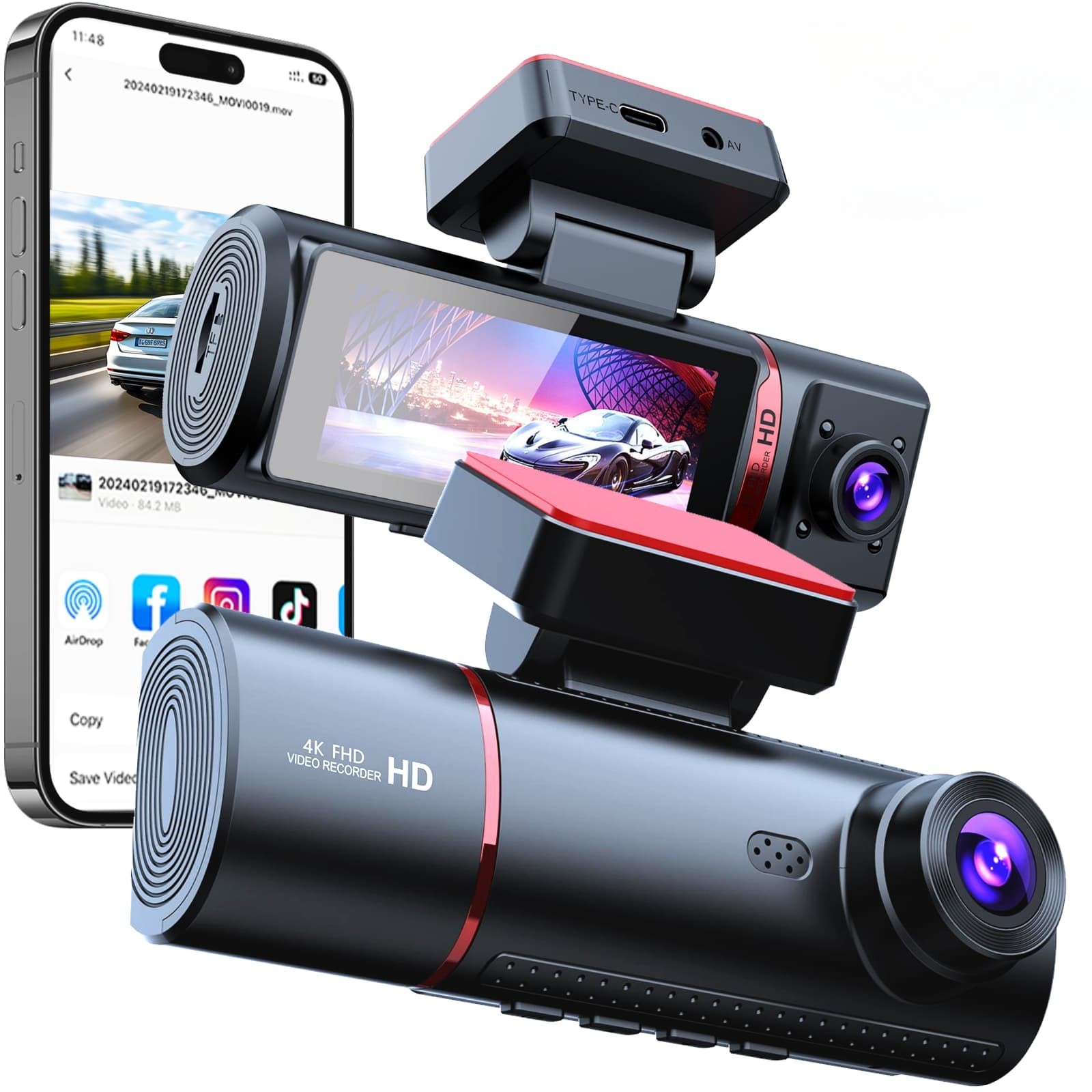 4K 3 Channel Dash Cam Car DVR GPS WIFI Front Rear Cabin Camera with Hardwire Kit