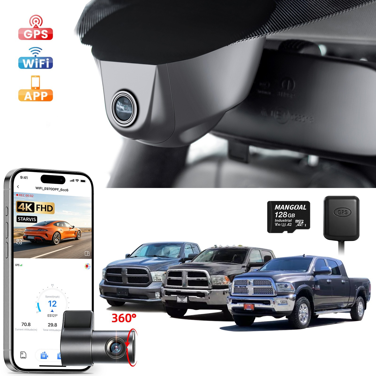 Mangoal Front 4K +Rear 1080P HDR Dash Cam for Dodge RAM 1500/2500/3500 2013-2018