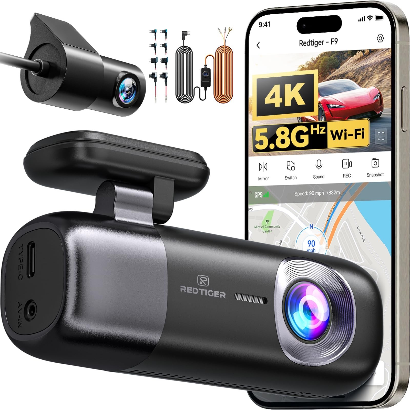 5.8GHz WiFi Dash Cam with App Control, G-Sensor, Night Vision, 1080P HD