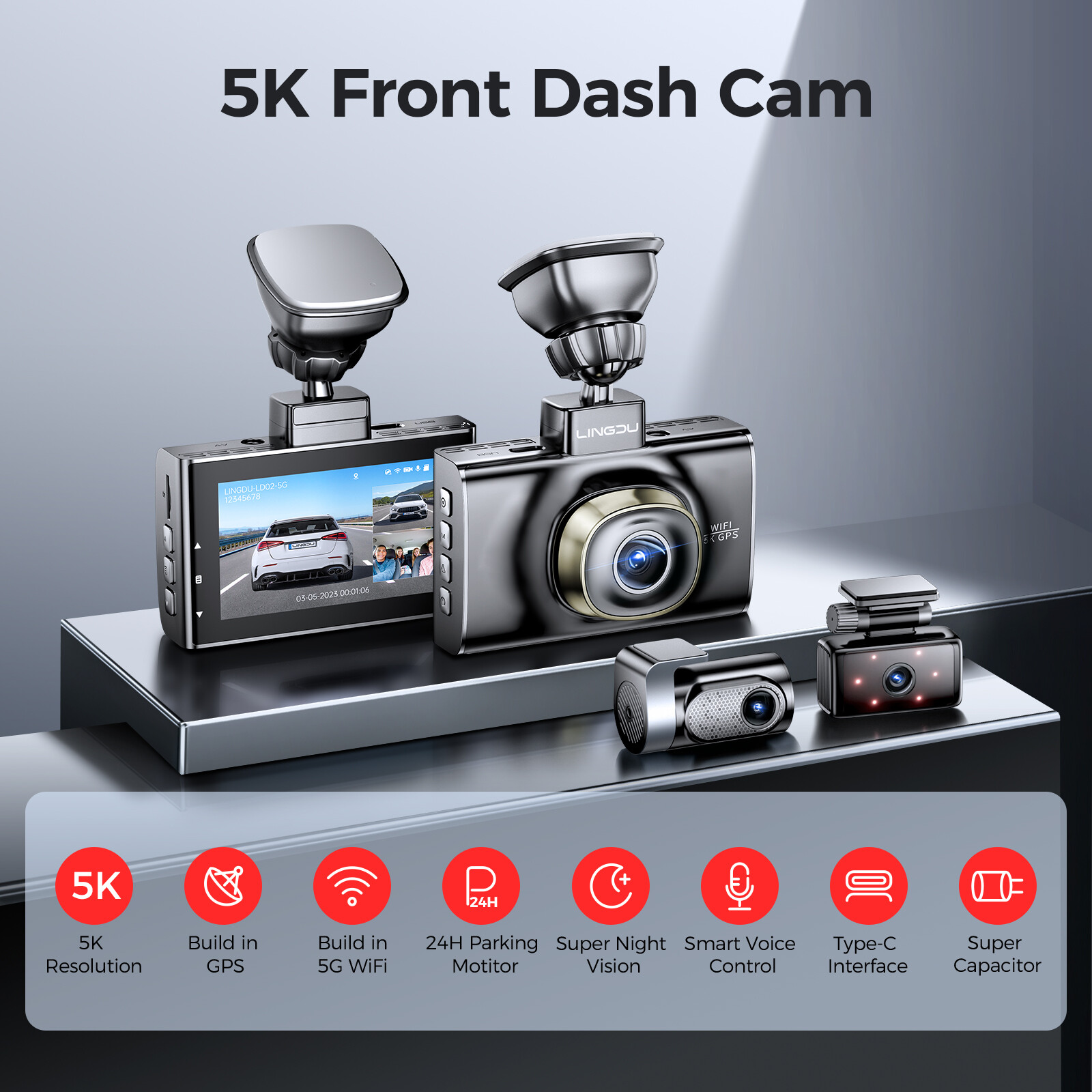 4K 3-Channel Dash Cam Front+Rear+Cabin UHD Dash Camera WiFi&GPS APP Night Vision