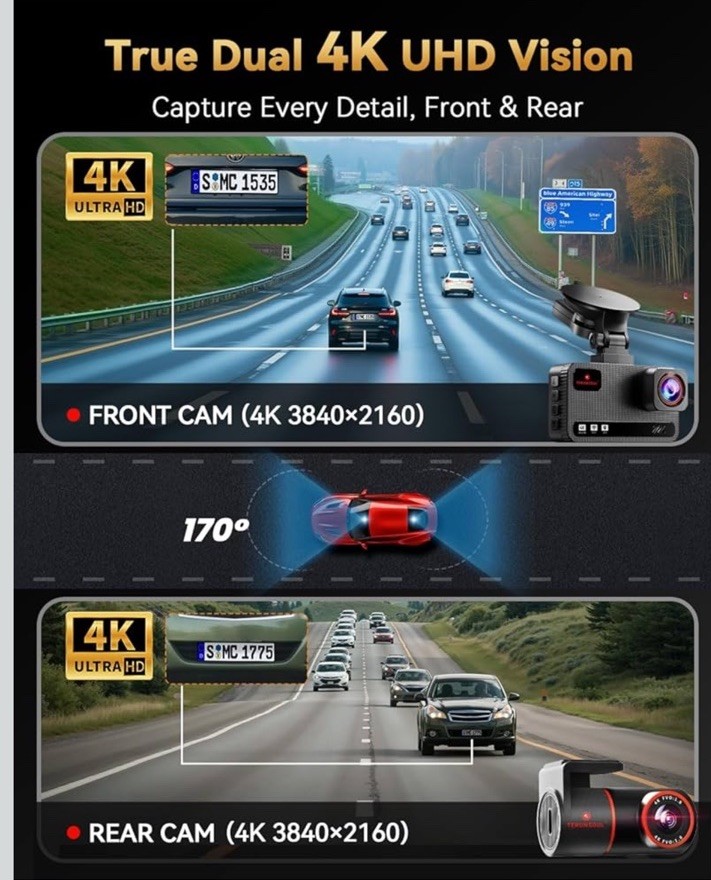 Terunsoul D016 4K Dash Cam Set with GPS, G-Sensor & 24-Hour Monitor WiFi 6
