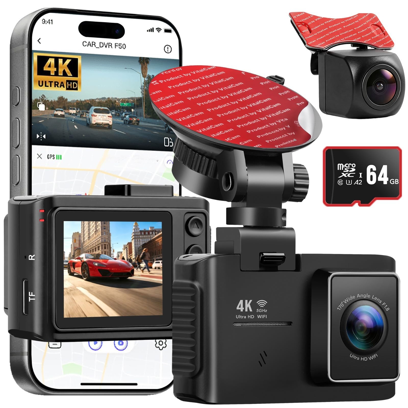 4K Dual Dash Cam Front & Rear, Night Vision, 64GB Card, GPS, 170° Wide Angle, Wi