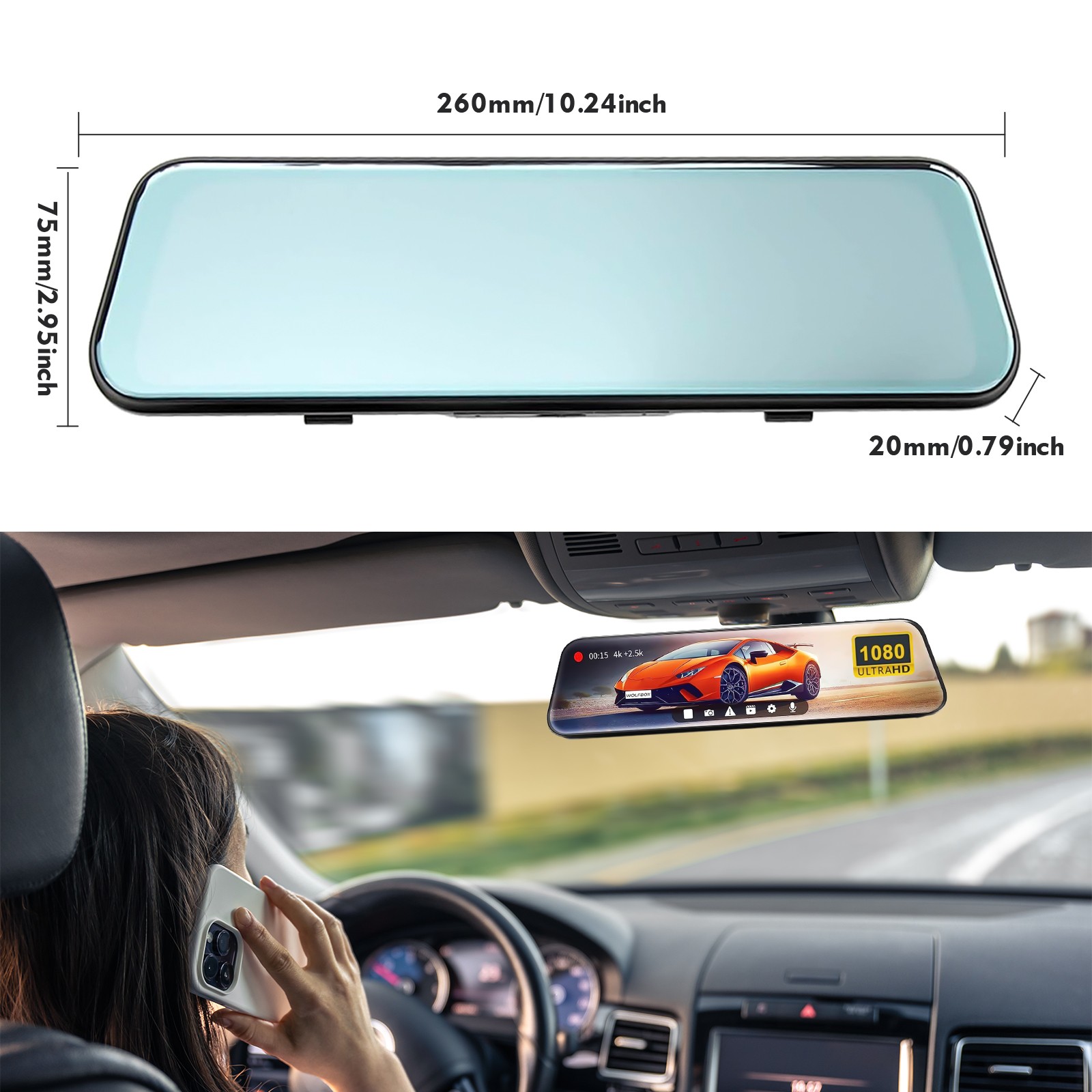 4K 10″ Dual Dash Cam Car Rear Mirror View Backup Dual Camera Night Vision IPS