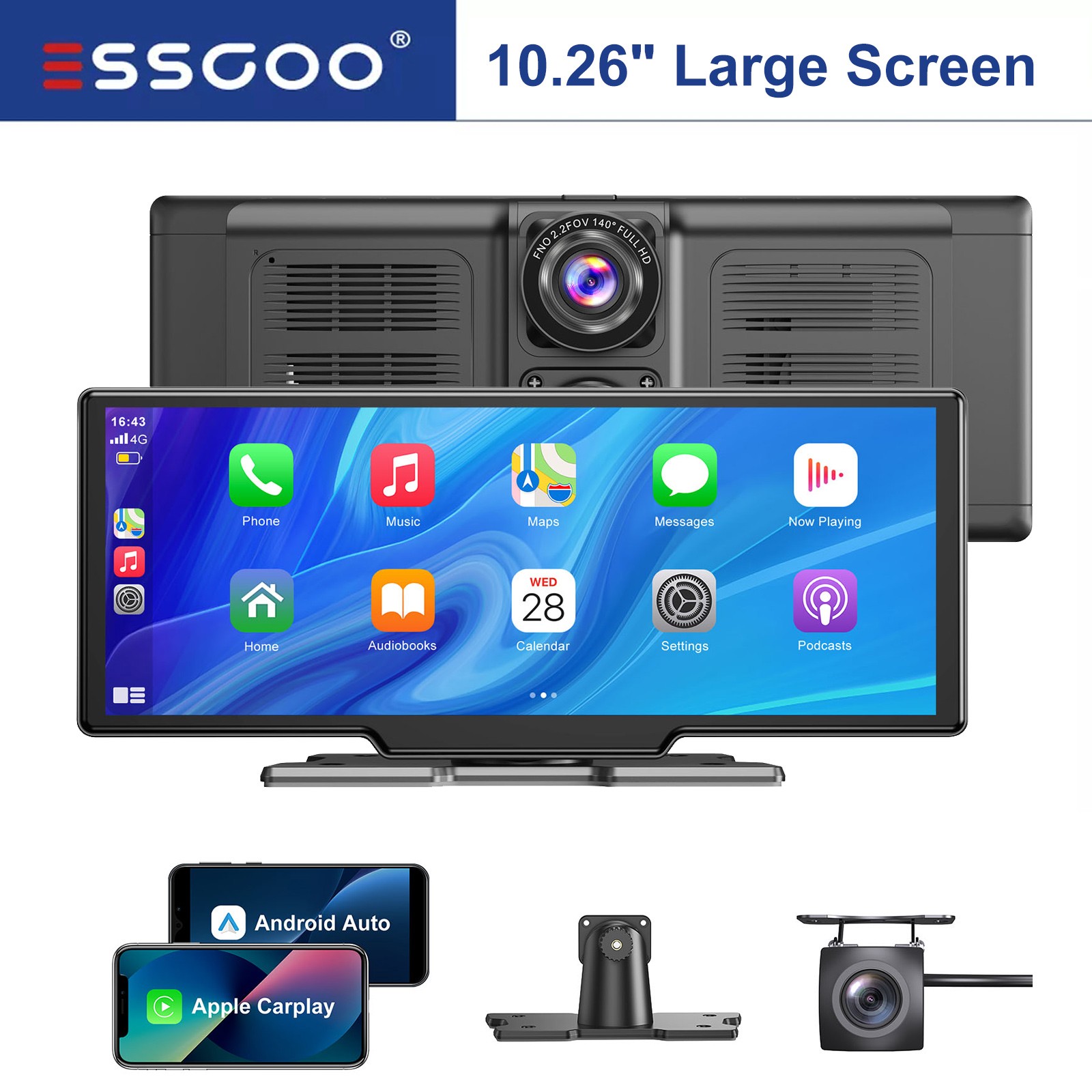 10.26″ 4K BT Car Portable Dash Cam Apple CarPlay Android Auto Touch Screen Radio