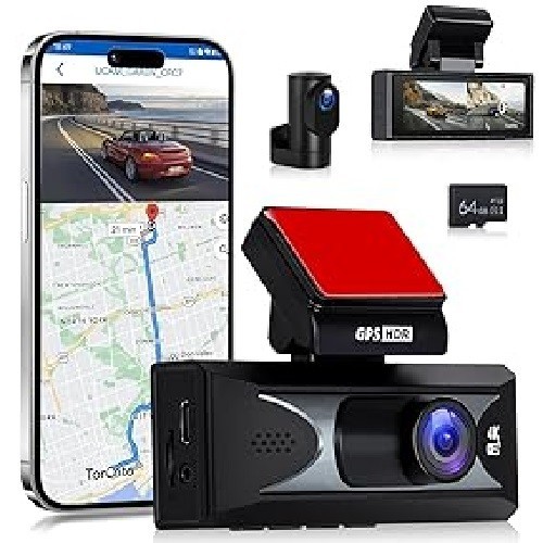 4k Dash Cam with 3.16″ Screen and 64GB SD Card; Front + Rear Camera