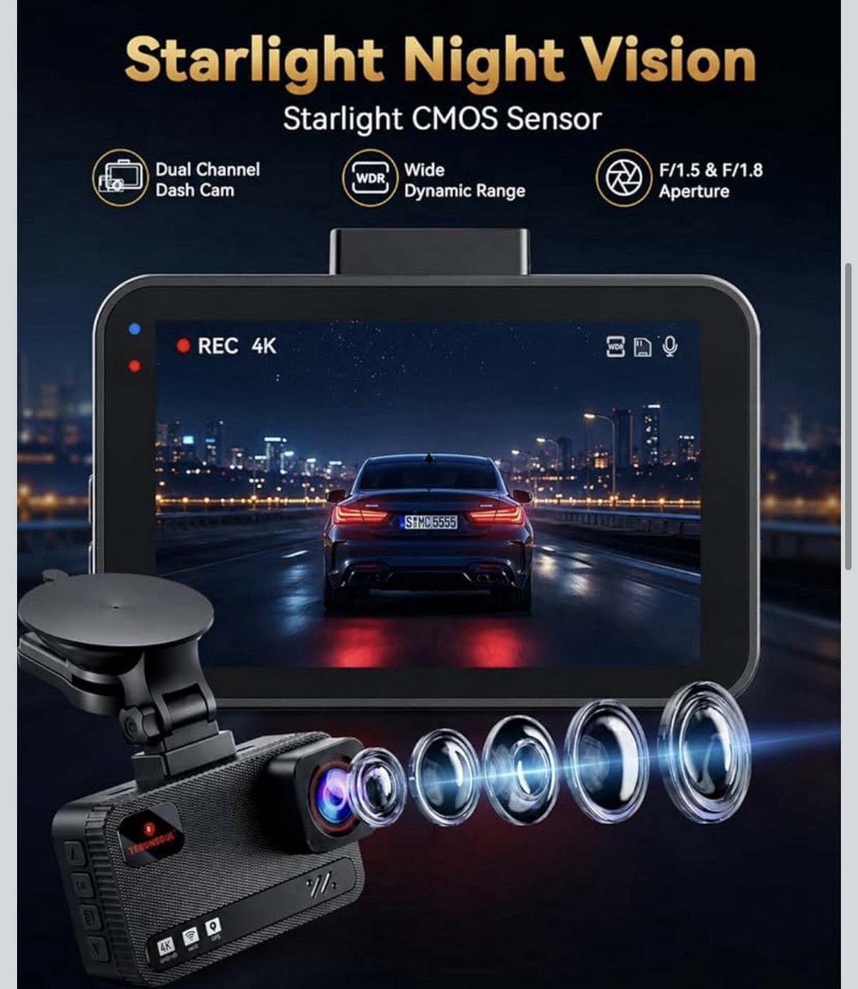 4K+4K Dash Cam Front and Rear, Free 128GB Card Included, 5.8Ghz Wifi Dash Camera