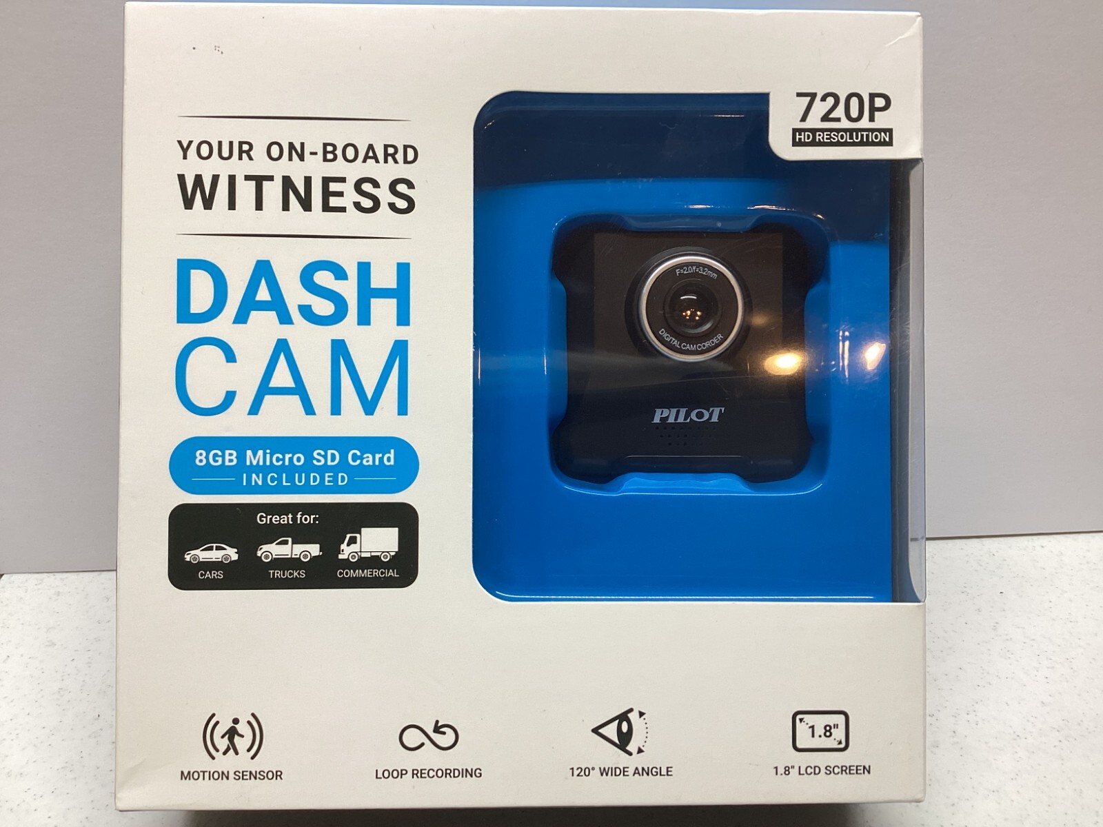 Pilot Dash Cam 720P HD w/ Motion Sensor, Loop Record, 1.8″ LCD + 8GB SD Card NIP