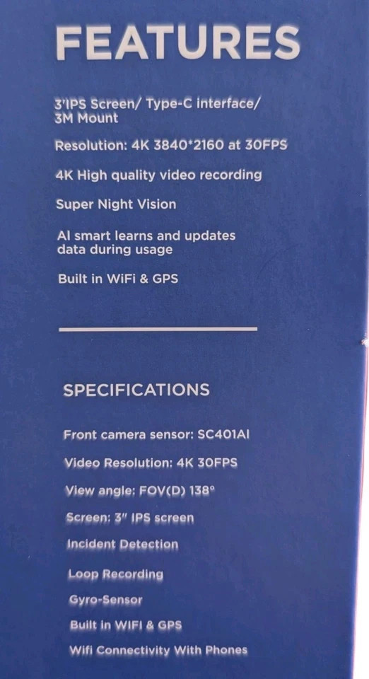 Vivitar 4K HD Two-Way Dash Cam with AI-All Distance Warnings Silver NIB