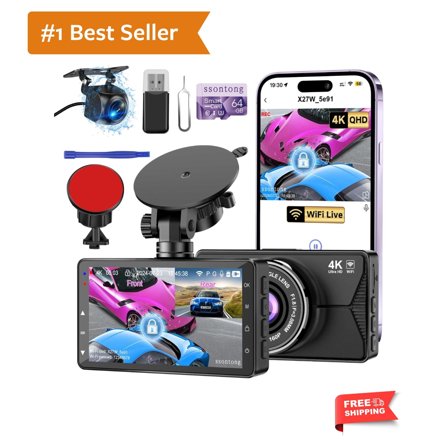 Dash Cam Front and Rear, Dash Cam 4K WiFi/APP Control Dashcam W/ 64GB Card Da…