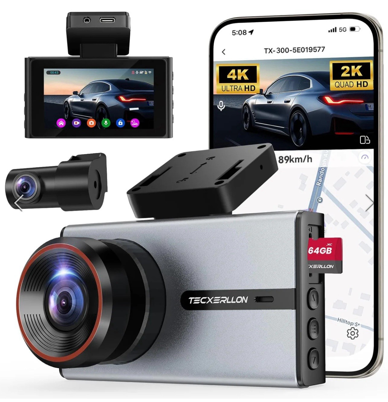 TECXERLLON Dash Camera Front and Rear, 4K Dual Dash Cam, TX300. New. R11