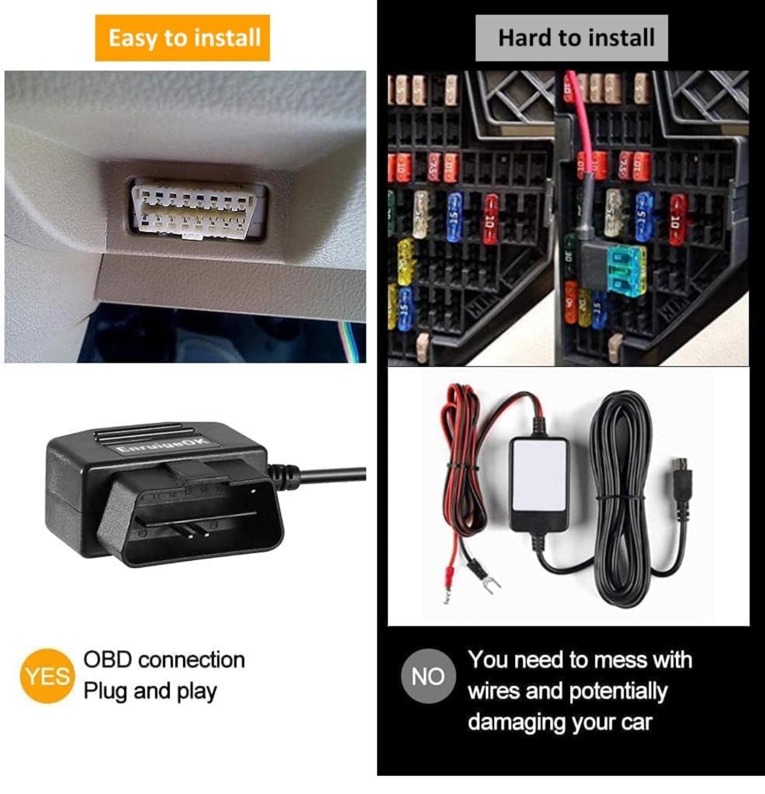 Universal OBD OBD2 Power Cable for Dash Camera 24 Hours Surveillance/Acc Mode wi