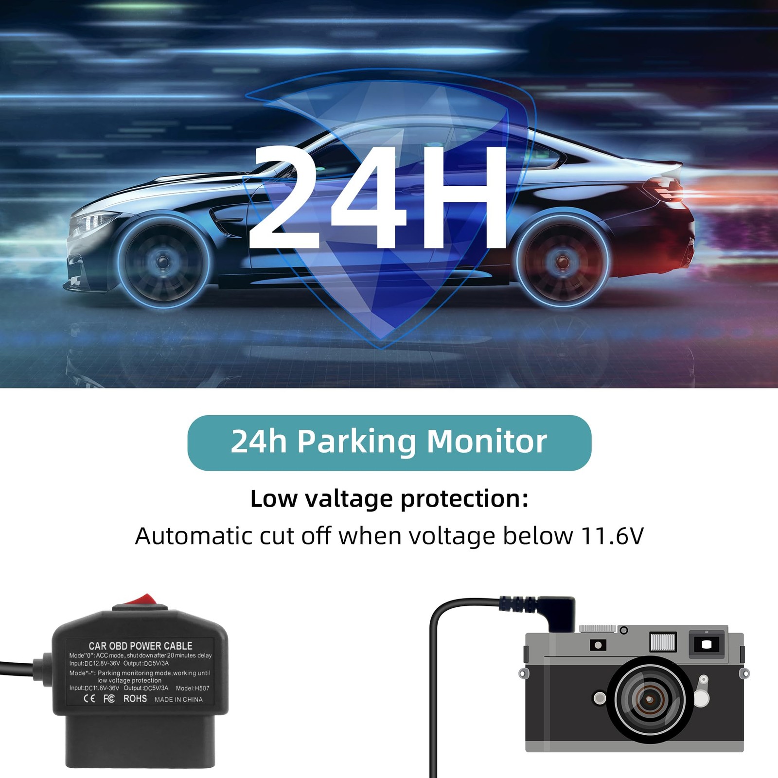 OBD Power Cable for Dash Camera, OBD2 Diagnostic Extension Adapter to 90Degre…