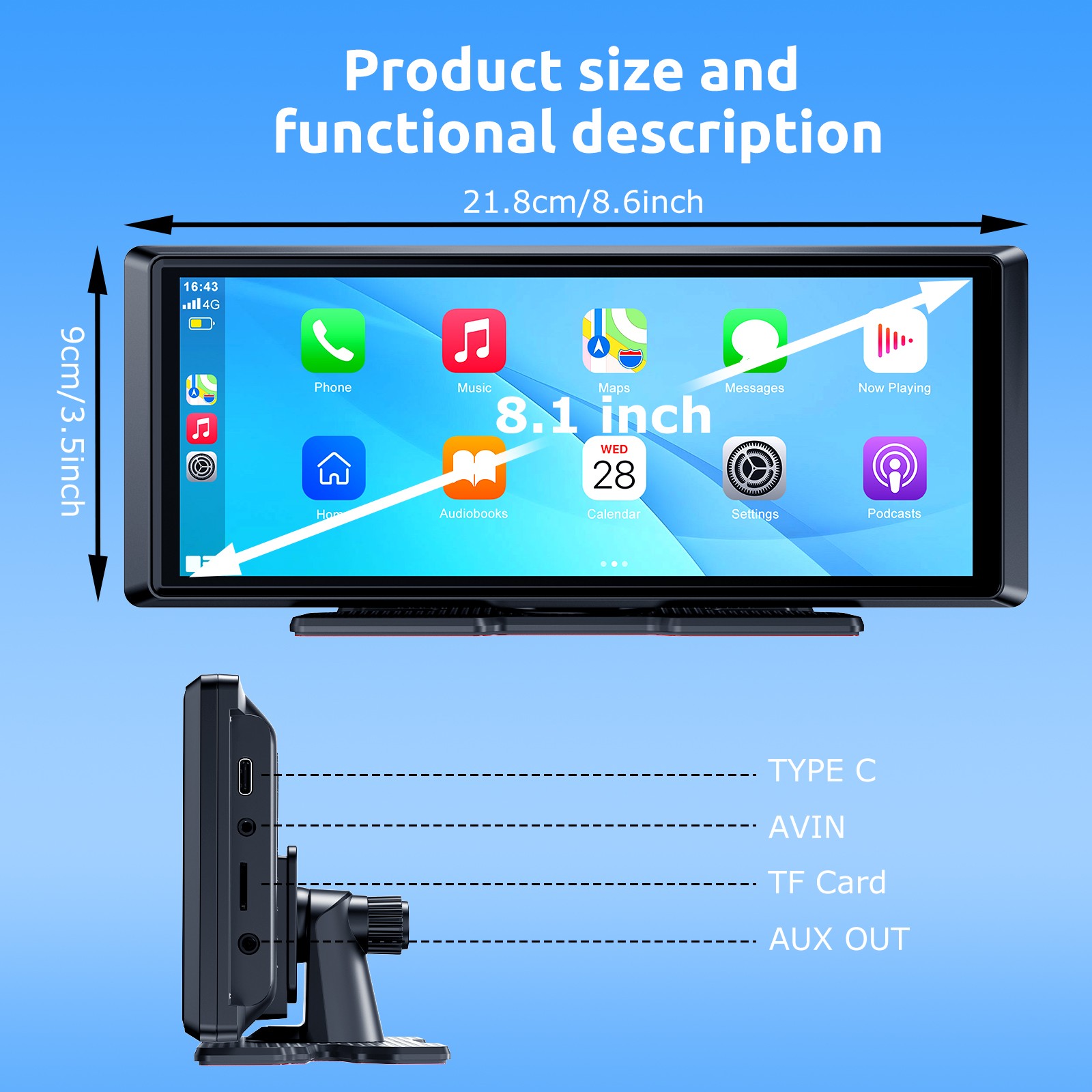 8.1inch Portable 4K Car Stereo Wireless Apple Carplay Auto Touch Screen BT Radio