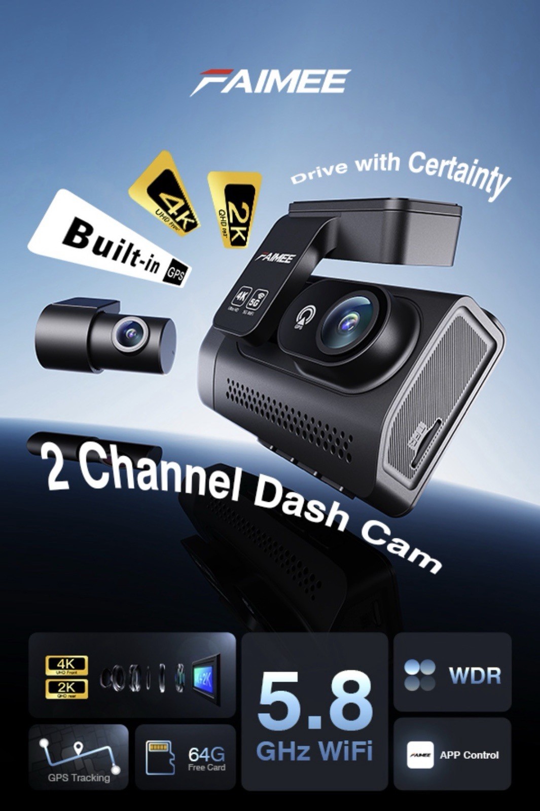 FAIMEE 4K Dash Cam Front and Rear with GPS, Upgraded 5.8G WiFi, Dual Dash