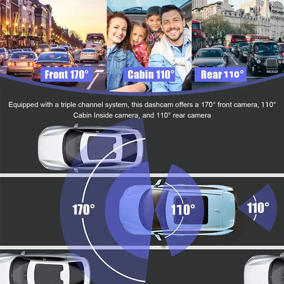 3 Channel Dash Cam Video Recorder 24HR Rear View DVR Three Lens Car Camera