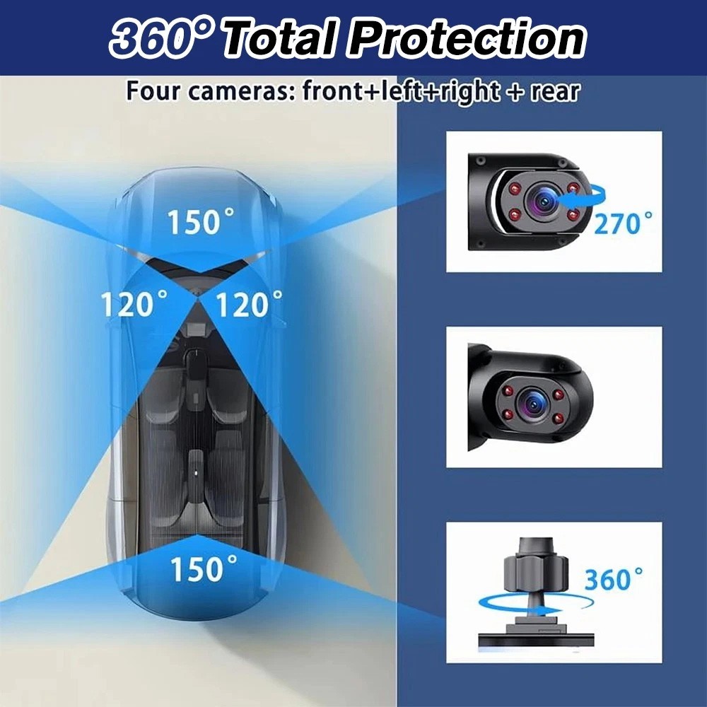 360° 4 Channel 1080P Car Dash Cam Front and Rear Inside Left Right + Camera