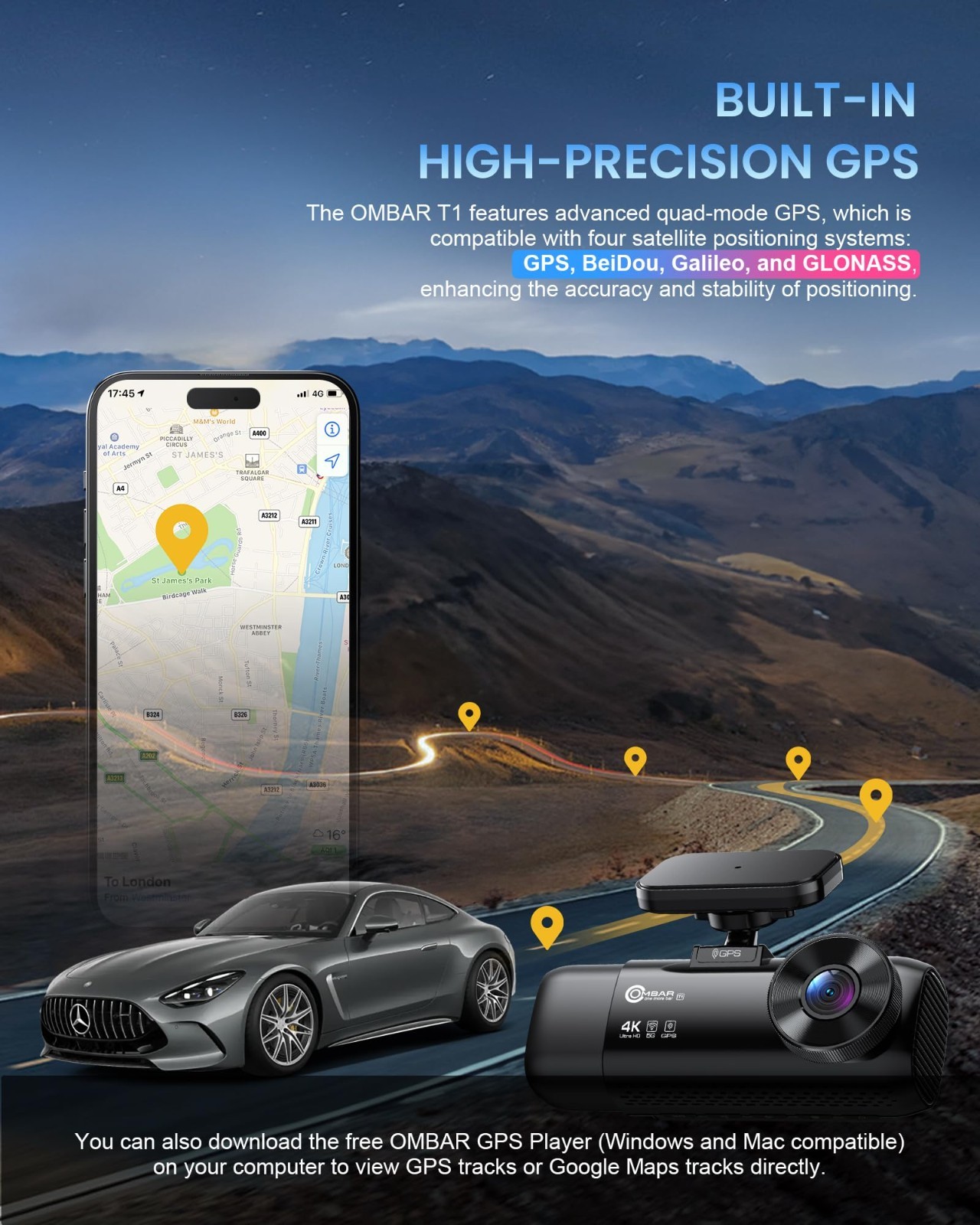 4K Dash Cam 3-Channel with WiFi, GPS, HDR, 128GB Card, Night Vision, Parking Mod