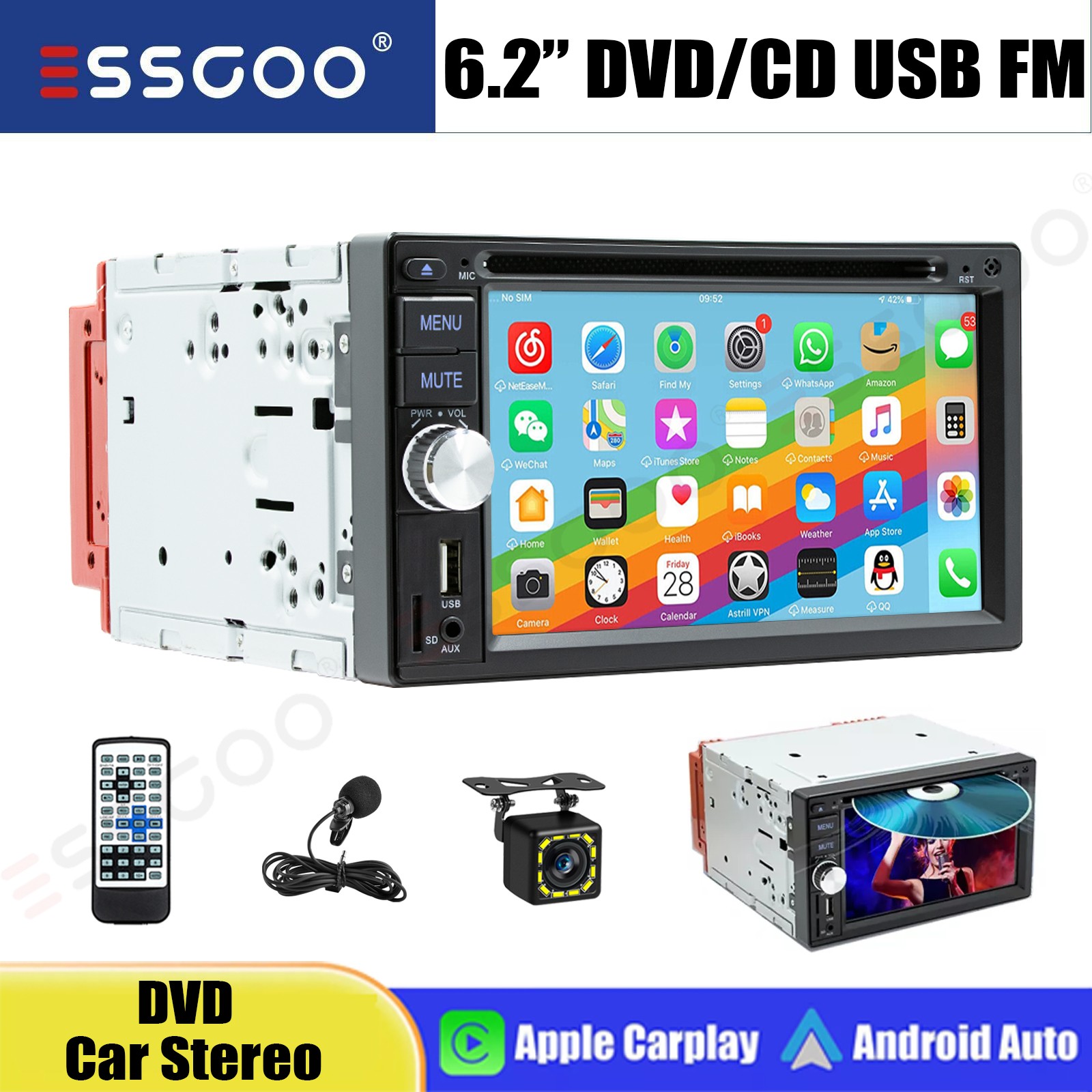 Double 2 Din Apple CarPlay Car Stereo Bluetooth Radio 6.2″ CD DVD Player+MIC&CAM