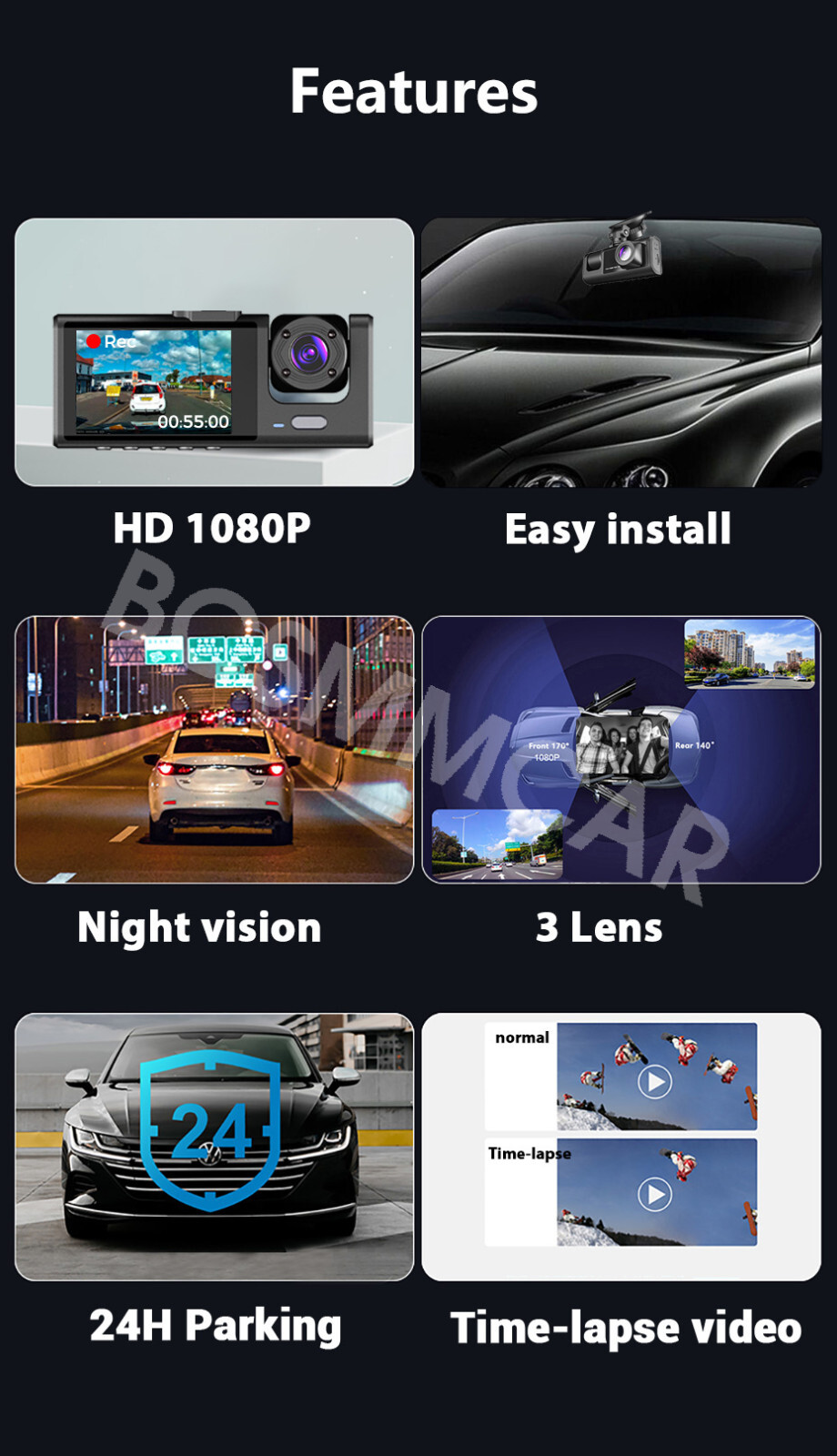 Car 1080P 3 Lens Dash Cam Recorder G-sensor Front Rear Inside Video Camera DVR