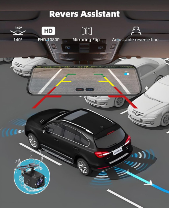 Cámara Espejo 10″ 2.5K CarPlay Android Auto 1080P Trasera Voz Tarjeta 64GB