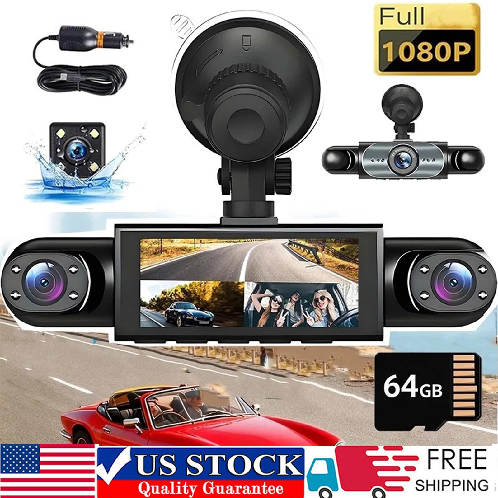 360° 4 Channel 1080P Car Dash Cam Front and Rear Inside Left Right + Camera