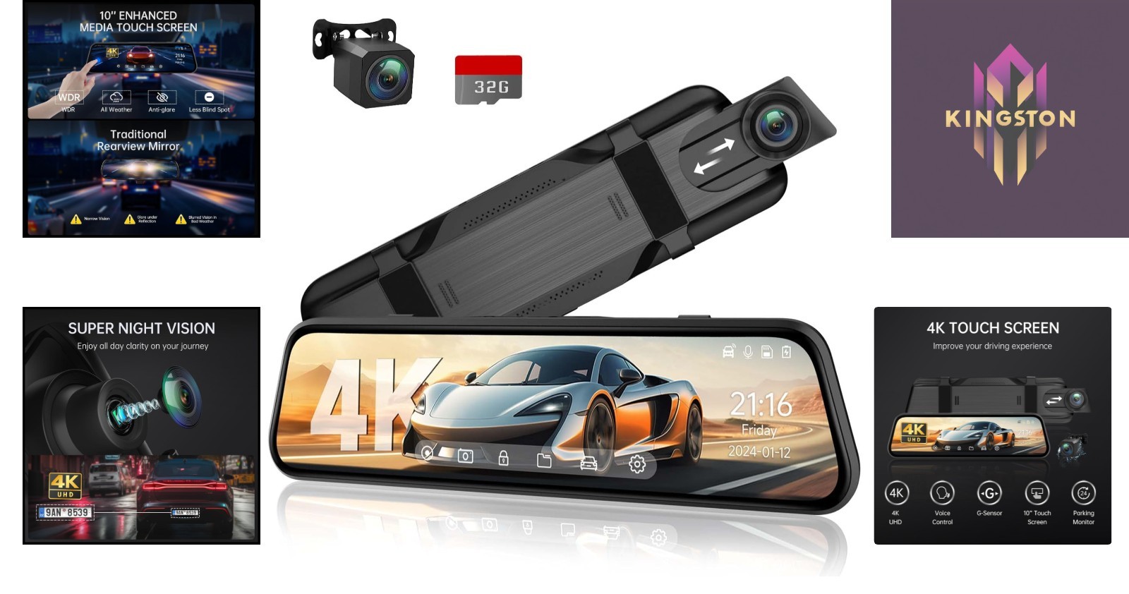 10” 4K Rear View Mirror Camera with 1080P Backup & Voice Control for Safety