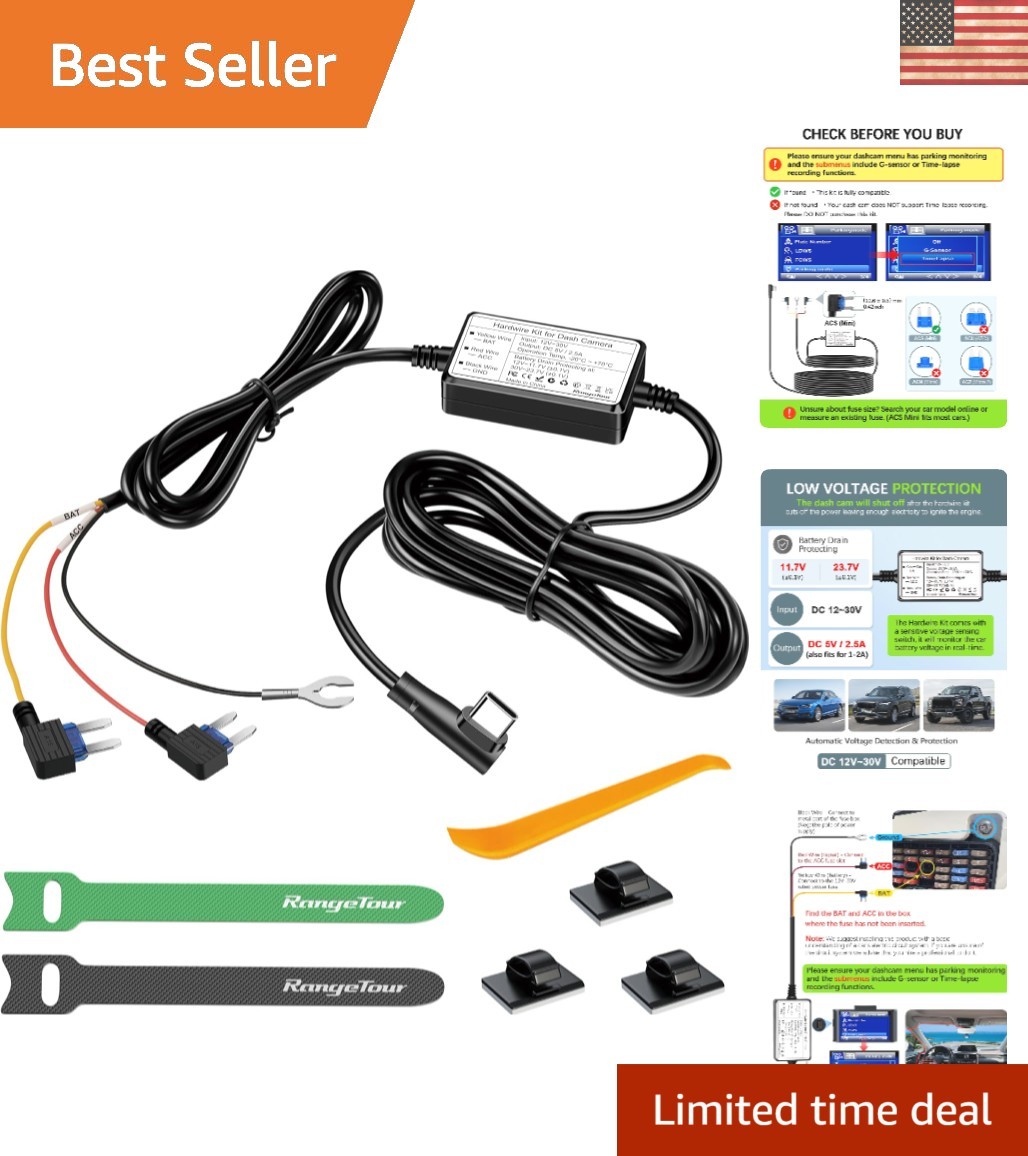 Continuous Power USB-C Hard Wire Kit for Dash Cam | Parking Monitor Compatible