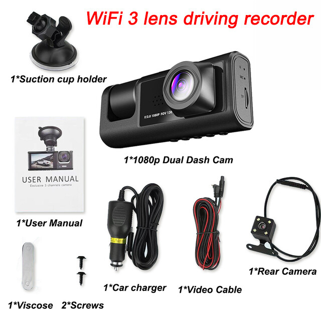 3 Channel WiFi Dash Cam for Cars | 1080p Video Recorder | Rear View Camera