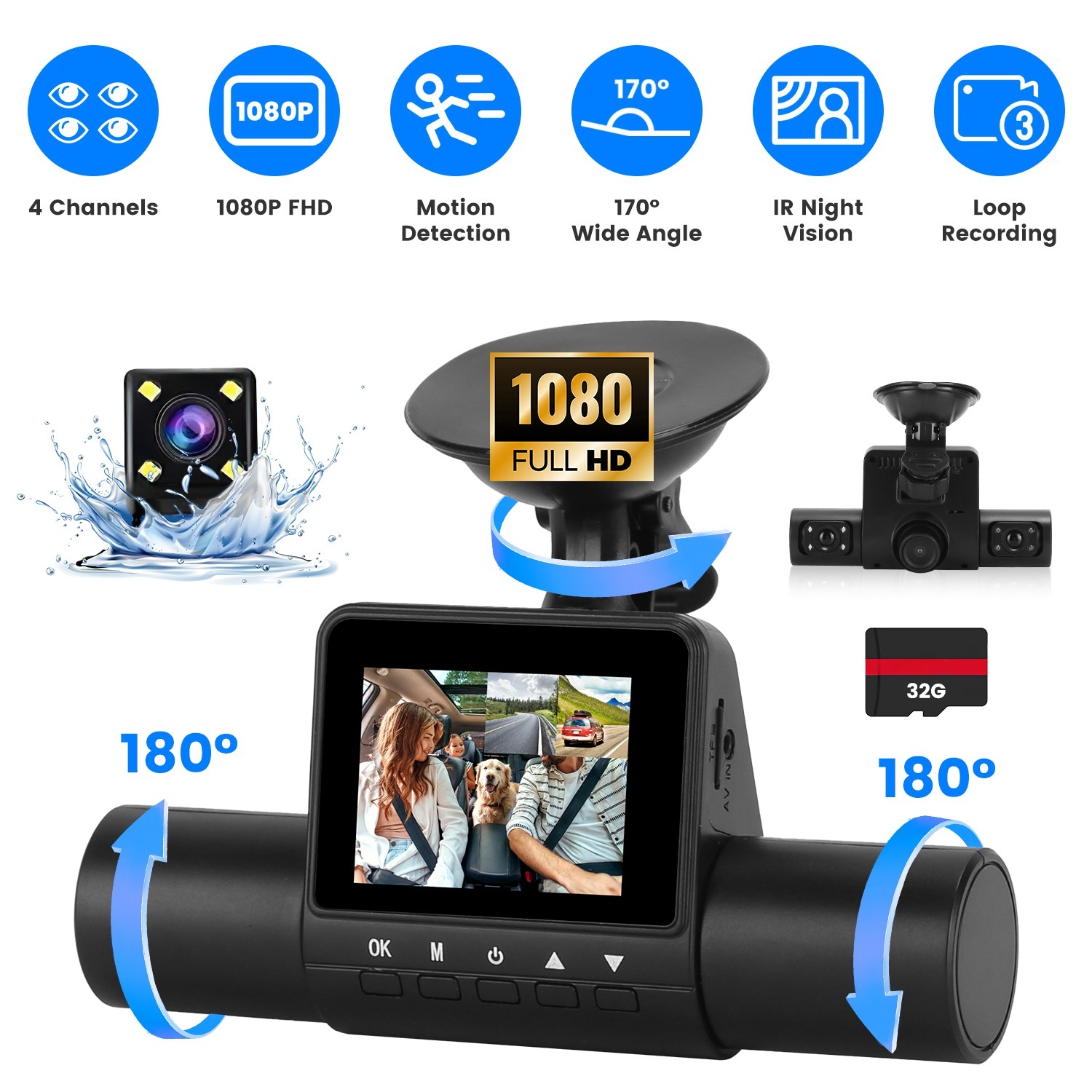 360° View FHD 4 Channel Dash Cam Night Vision Dash Camera w/32GB MMC Card Camera