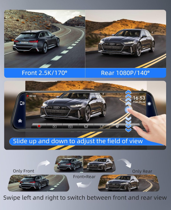 Cámara Espejo 10″ 2.5K CarPlay Android Auto 1080P Trasera Voz Tarjeta 64GB
