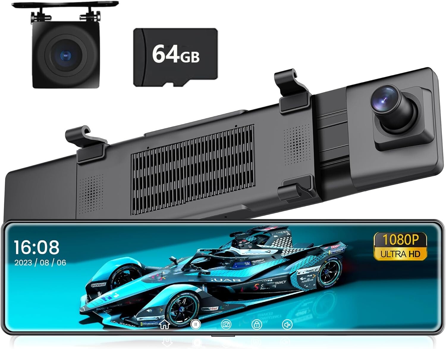 12″ Mirror Dash Cam Front and Rear+64G Sd Card,1080P FHD Rear View Mirror Camera