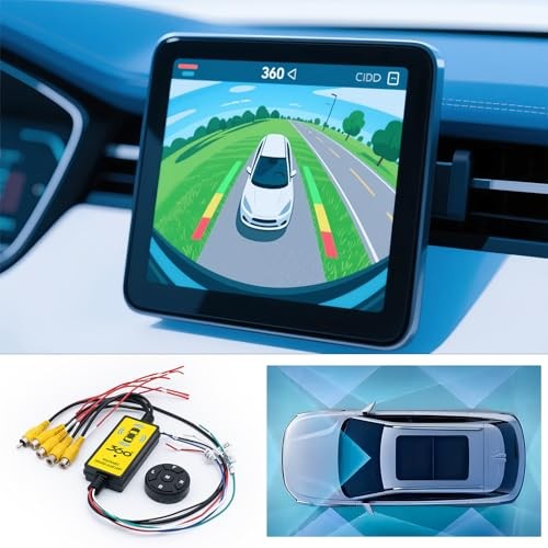 4 in 1 Car Camera Video Switcher with Remote Control, 360° Panoramic View for