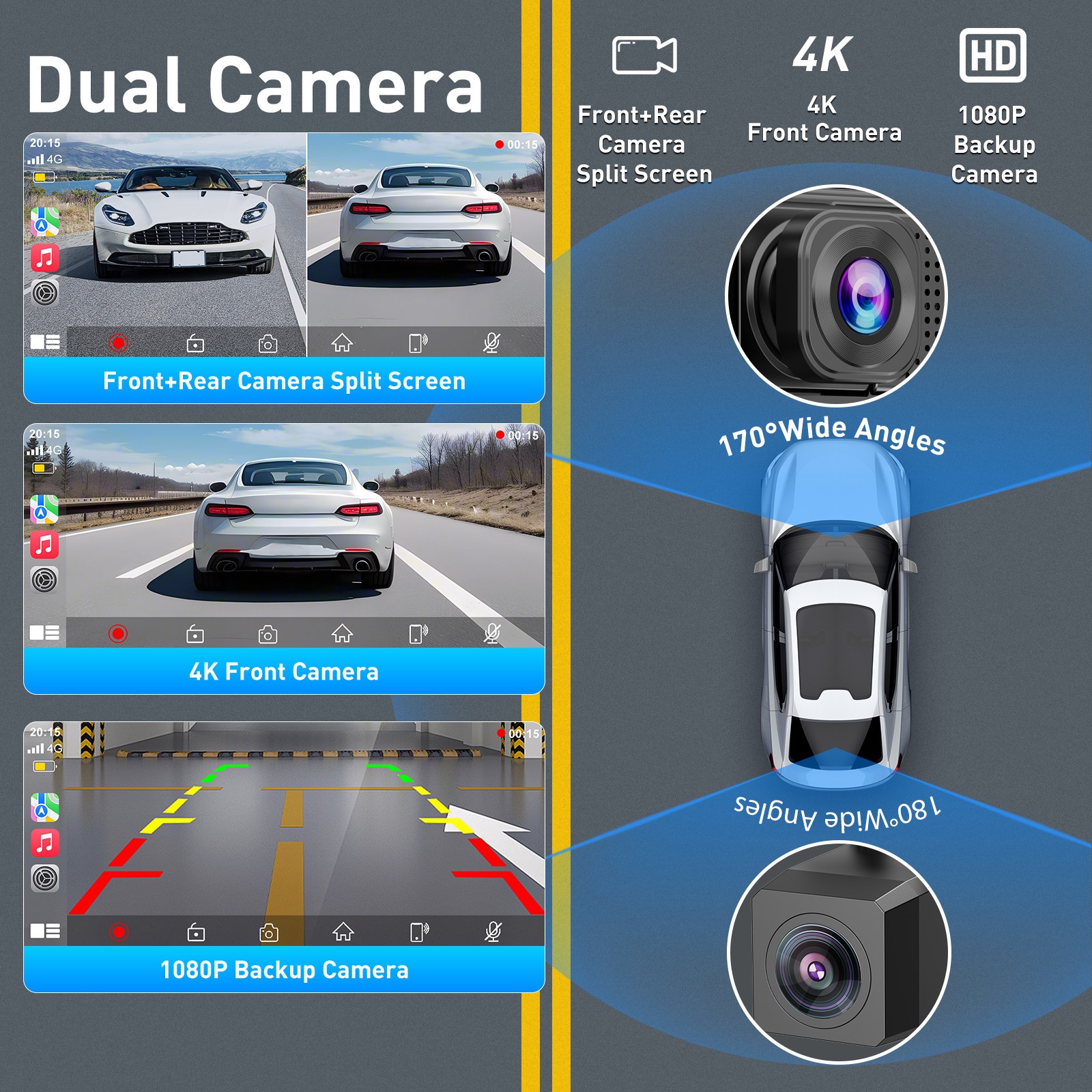 ESSGOO 9 Inch 4K+1080P Portable Apple Carplay Android Auto Dash Cam Touch Screen