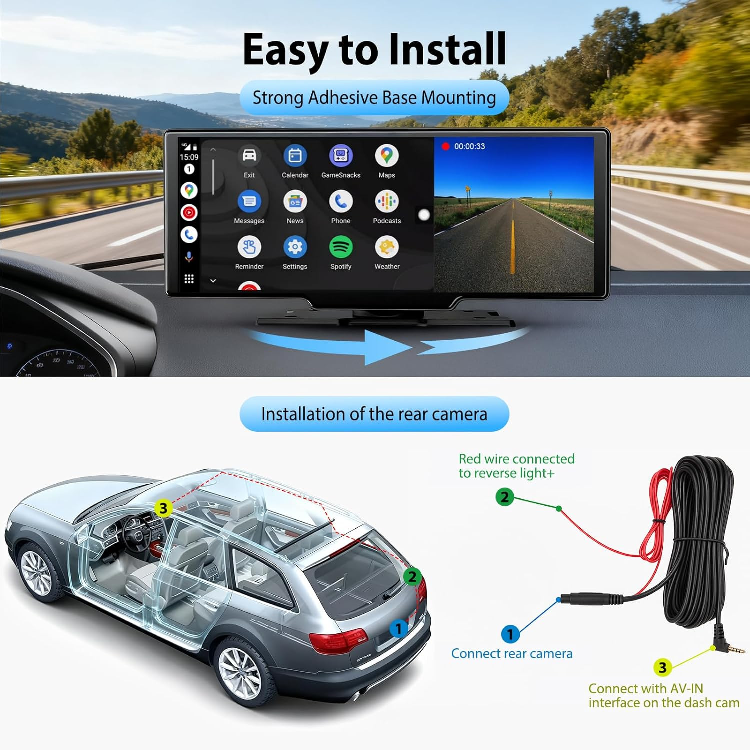 10.26″ Wireless Carplay Screen for Car: 4K Dash Cam & 1080P Backup Camera, Porta