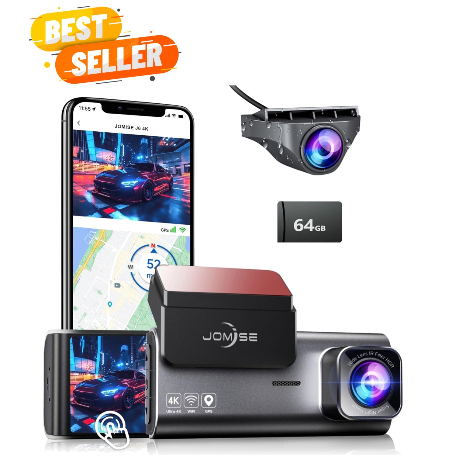 Advanced Dual Dash Camera with 4K Front, 1080P Rear & 64GB SD Card for Safety