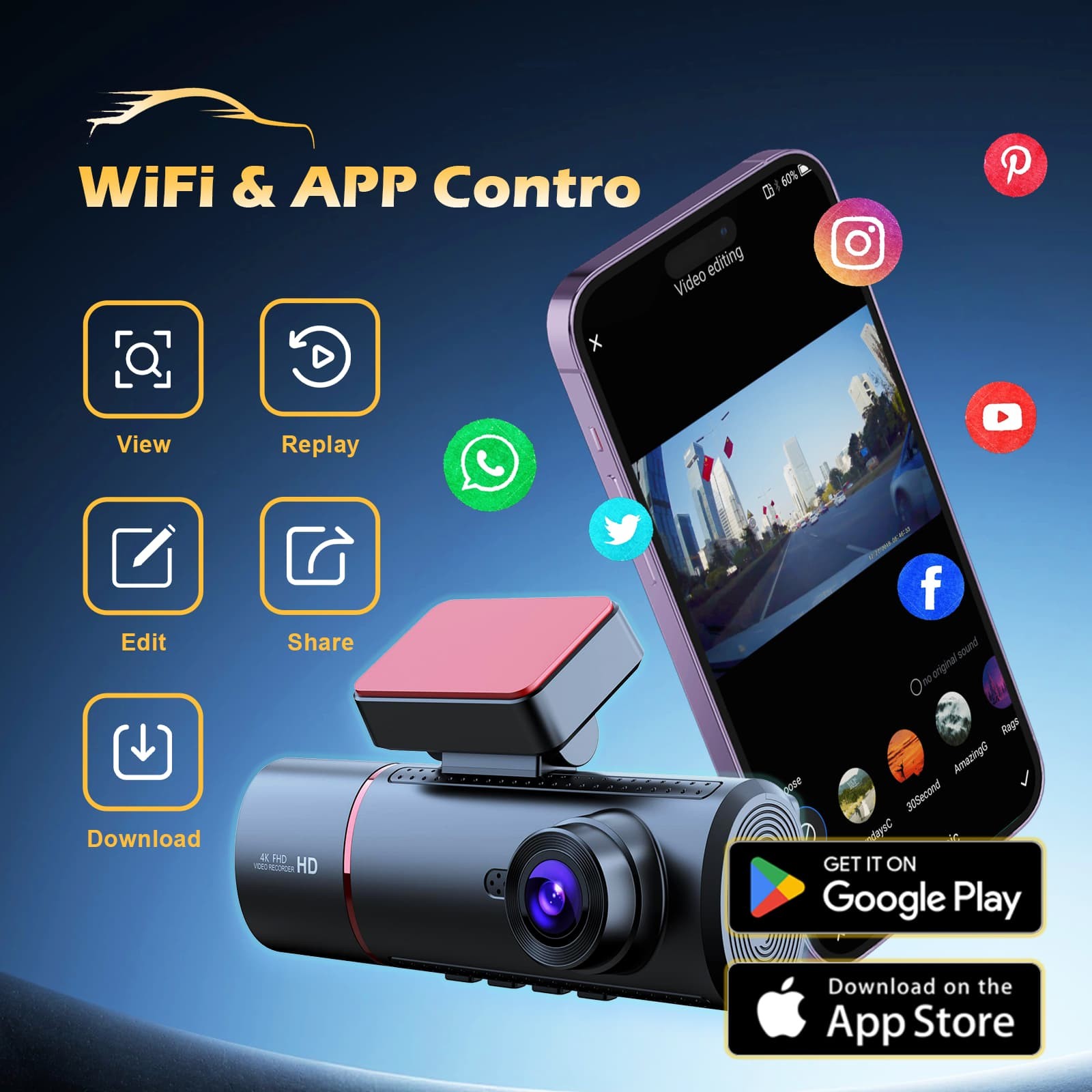 4K UHD Dash Cam Car DVR WIFI 3 Channel Dash Camera Video with GPS Hardwire Kit