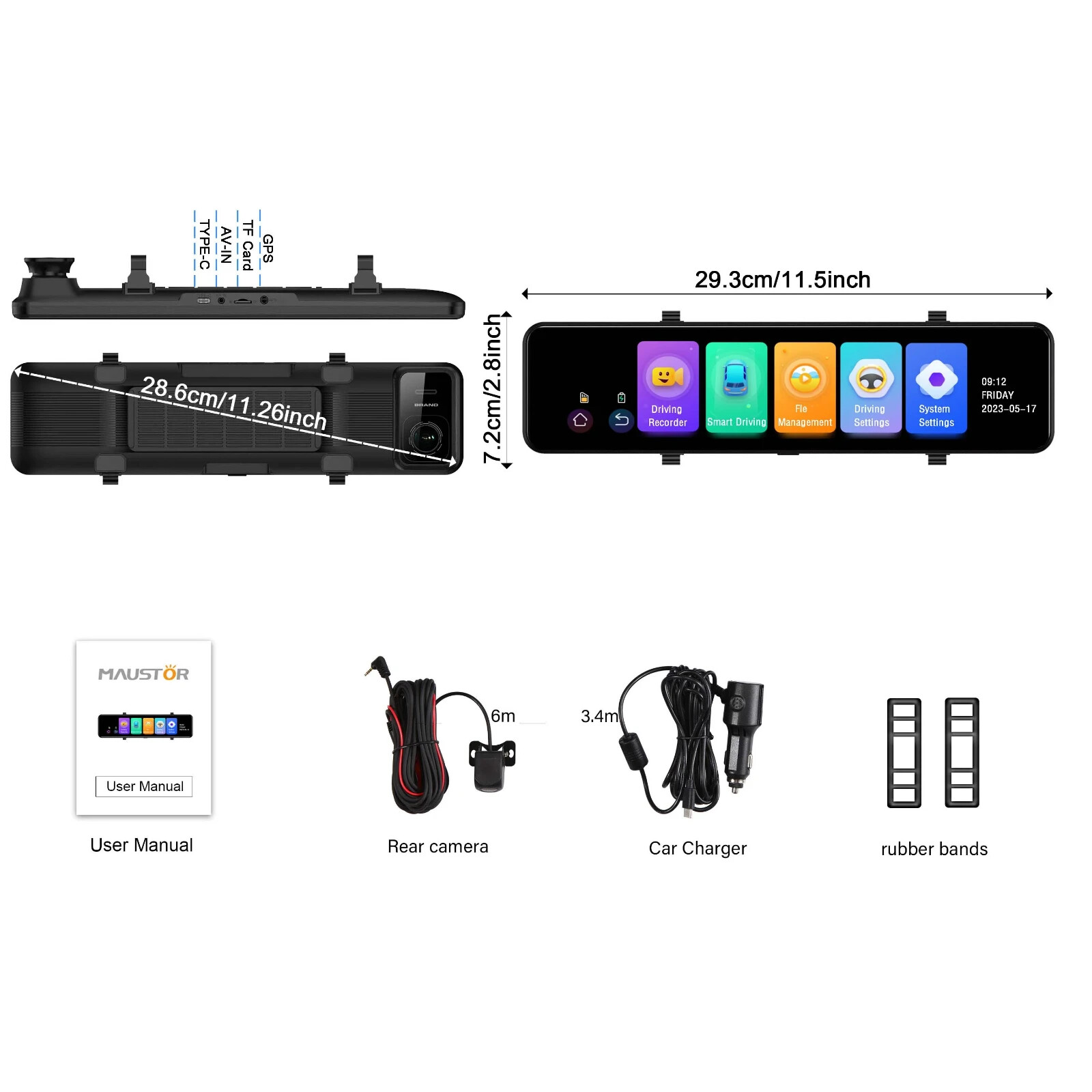 11.26 Inch 4K Dual Dash Camera ADAS Touch Screen Super Night Vision,GPS