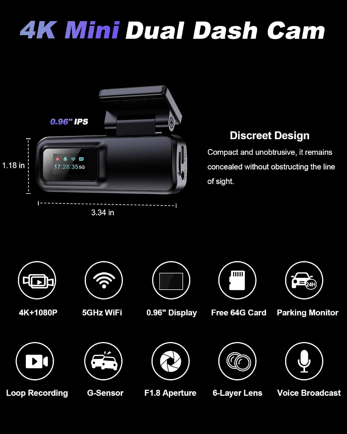 Dash Cam Front and Rear 4K+1080P, Dual Dash Cam with 64GB Card, 5GHz WiFi, App C