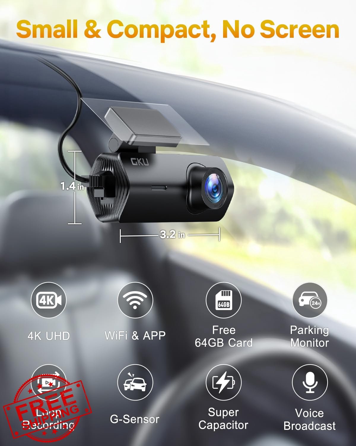 GKU 4K Dash Cam Front Mini 64GB Card WiFi Parking Monitor Night Vision