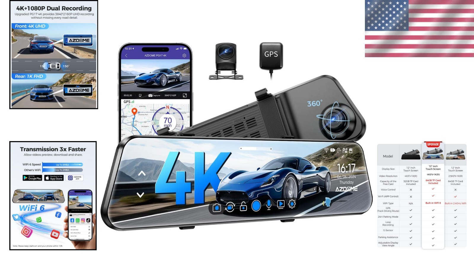 4K Mirror Dash Cam – 12″ Front and Rear Cameras with GPS, Night Vision & 64GB