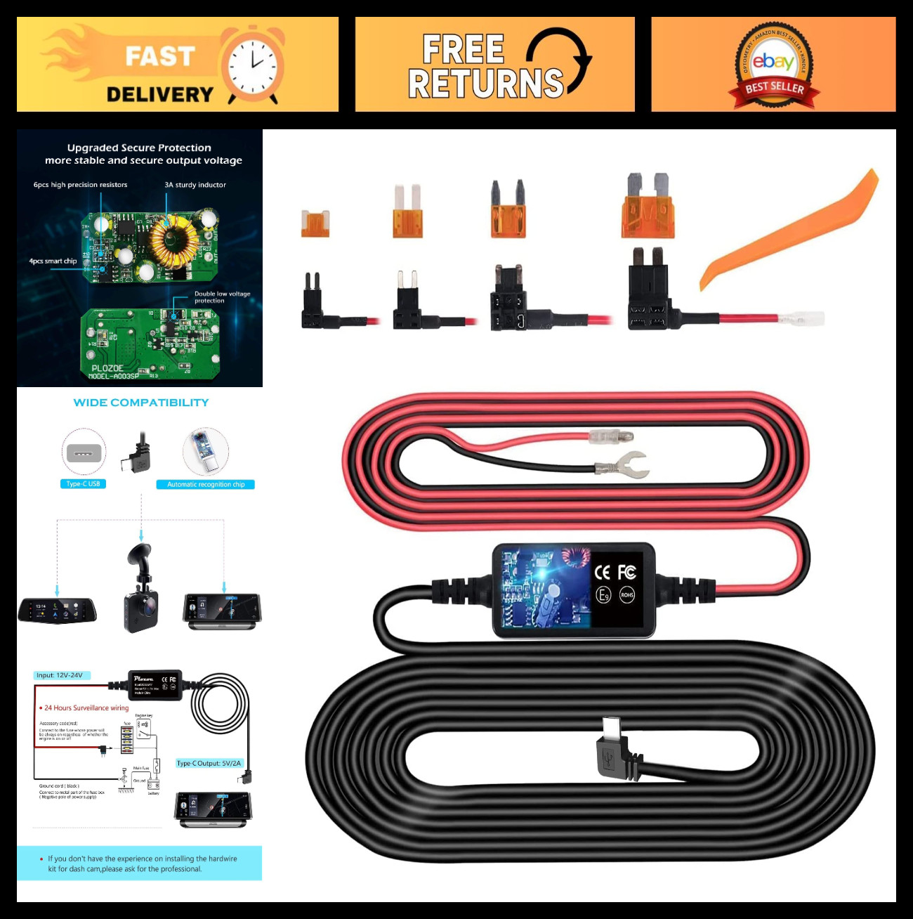 Hardwire Kit for Dash Cam, USB C 12V-24V to 5V Power Cord, 11.5ft, Fuse Tap & To