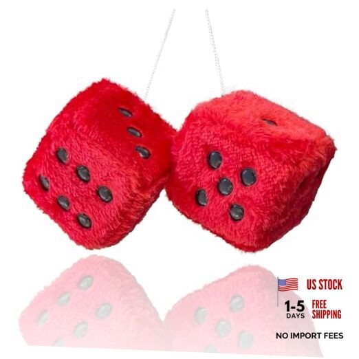 Fuzzy Plush Dice for Car Mirror, Pair of Retro 3” Dice with Black Dots for Red