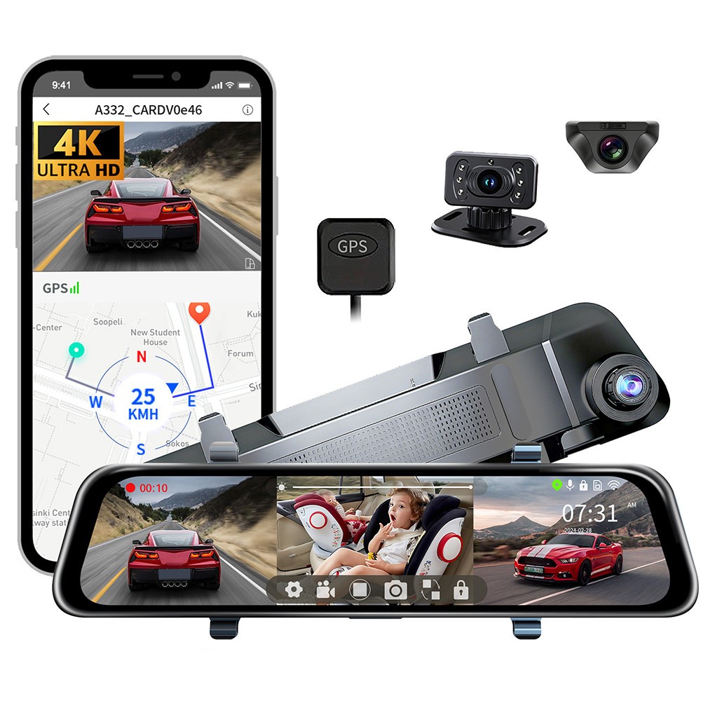 12 “Touch Screen 3 Channel Wifi 4K Dash Cam 360° Panoramic GPS Rearview Mirror
