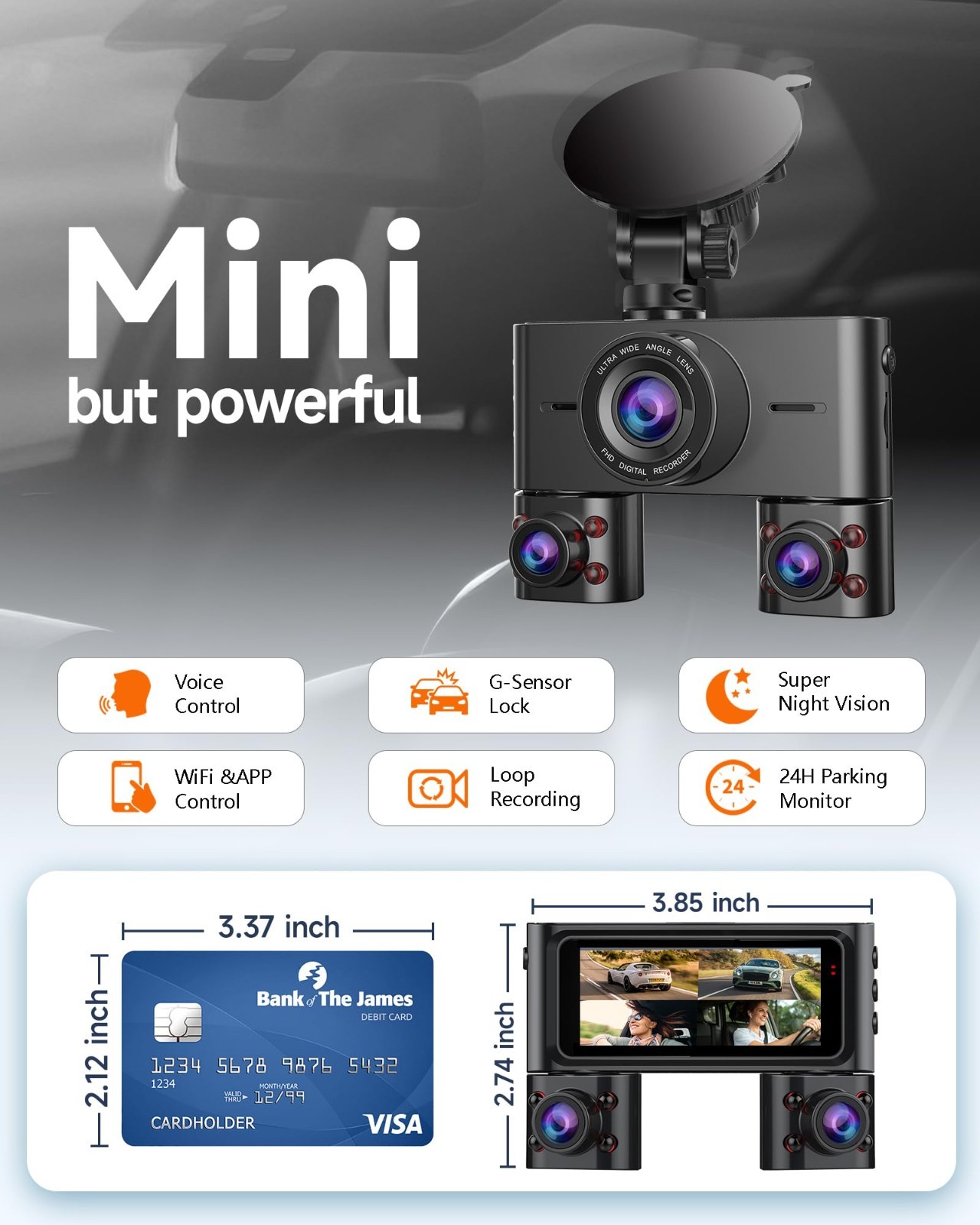 360° Dash Cam Front & Rear, 4 Channel FHD 1080P, Wi-Fi, Night Vision, Voice Cont
