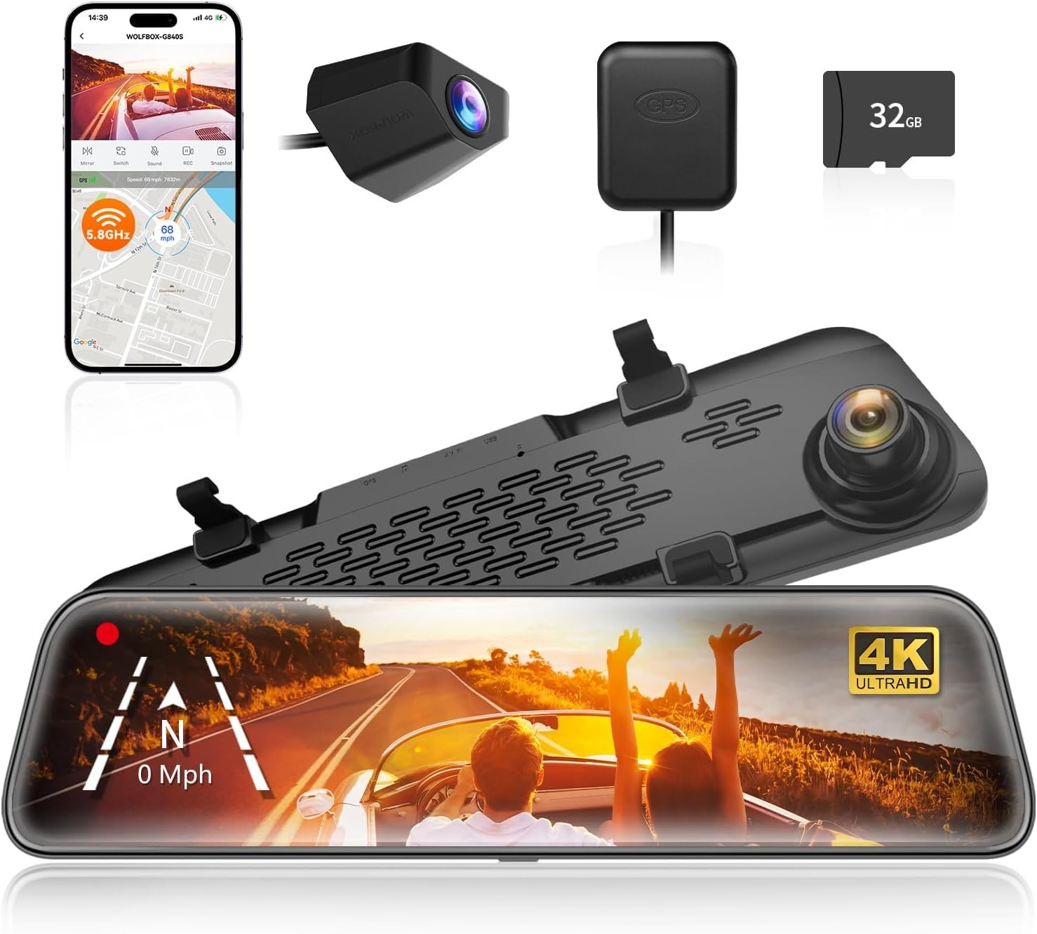 WOLFBOX G900PRO V02 Mirror Dash Cam IMX678 5.8GHz WiFi GPS,W/4A Acc Hardwire Kit